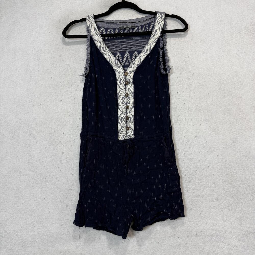 Miss Me Romper Womens Small Blue Ikat Sleeveless V Neck Crochet Trim Pockets